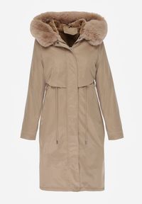 Born2be - Beżowa Kurtka za Kolano ze Ściągaczem i Kapturem z Futerkiem Adoresa. Okazja: na co dzień. Kolor: beżowy. Materiał: futro. Styl: casual #6