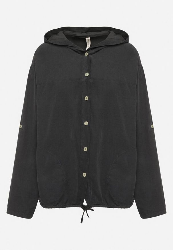 Born2be - Ciemnoszara Bawełniana Koszula z Kapturem i Podwijanymi Rękawami Silresia. Okazja: na co dzień. Typ kołnierza: kaptur. Kolor: szary. Materiał: bawełna. Styl: casual, elegancki