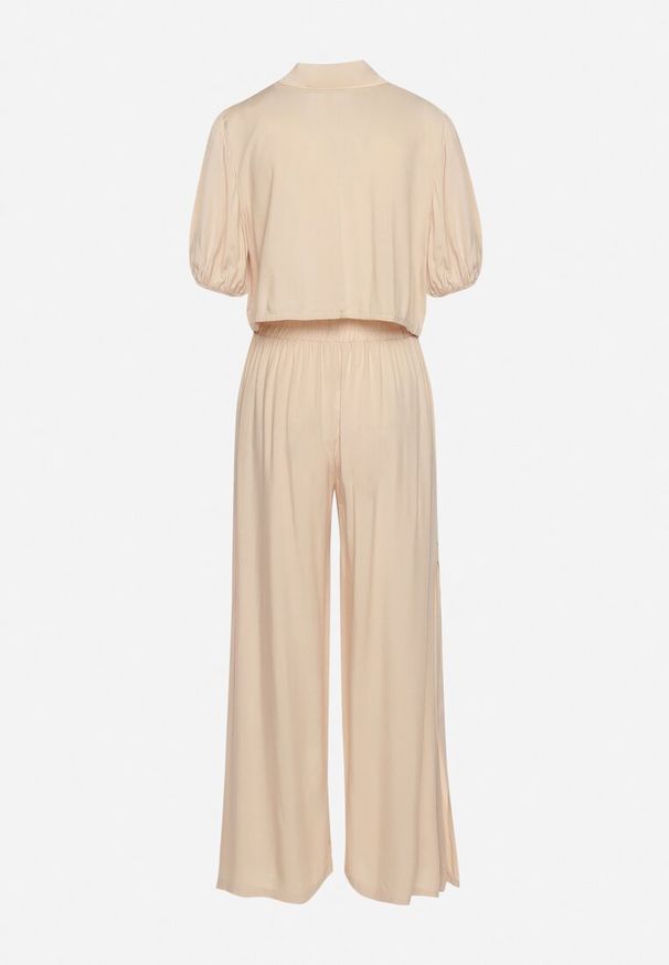 Born2be - Jasnobeżowy Bawełniany Komplet z Krótką Koszulą i Szerokimi Spodniami z Rozcięciami Denara. Kolor: beżowy. Materiał: bawełna