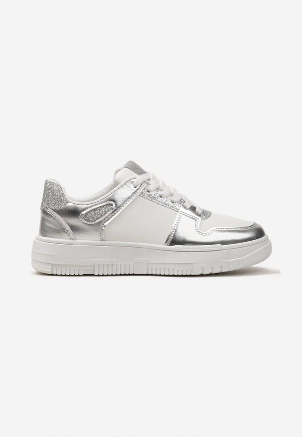 Born2be - Biało-Srebrne Sneakersy na Grubej Podeszwie ze Wstawkami z Brokatu Bizzala. Kolor: biały. Sport: turystyka piesza