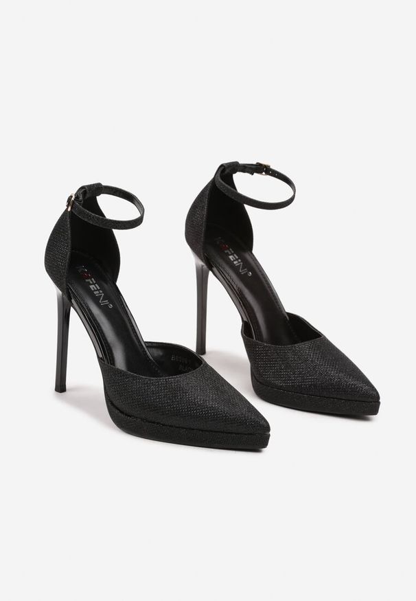 Renee - Czarne Eleganckie Brokatowe Szpilki Zapinane Wokół Kostki Daiera. Okazja: na spotkanie biznesowe, do pracy, na co dzień. Kolor: czarny. Obcas: na szpilce. Styl: elegancki. Wysokość obcasa: średni