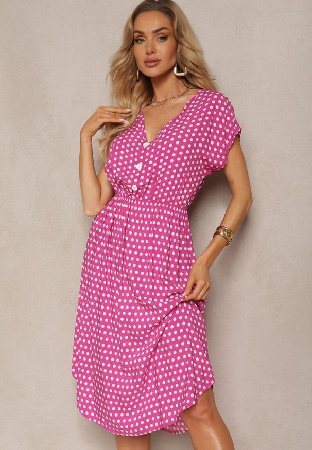 Renee - Różowa Sukienka z Bawełny o Rozkloszowanym Kroju z Gumką w Talii Emilla. Okazja: do pracy, na co dzień, na spotkanie biznesowe. Kolor: różowy. Materiał: bawełna. Długość rękawa: krótki rękaw. Typ sukienki: rozkloszowane. Styl: casual, elegancki, biznesowy