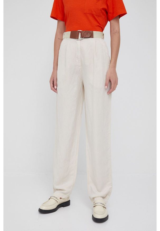 Emporio Armani spodnie z lnem damskie kolor beżowy proste high waist. Stan: podwyższony. Kolor: beżowy. Materiał: len