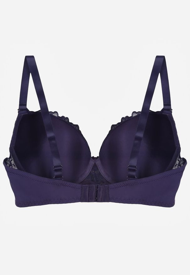 Born2be - Granatowy Biustonosz z Koronką i Sercem z Cyrkonii Coratune. Kolor: niebieski. Materiał: koronka. Wzór: koronka