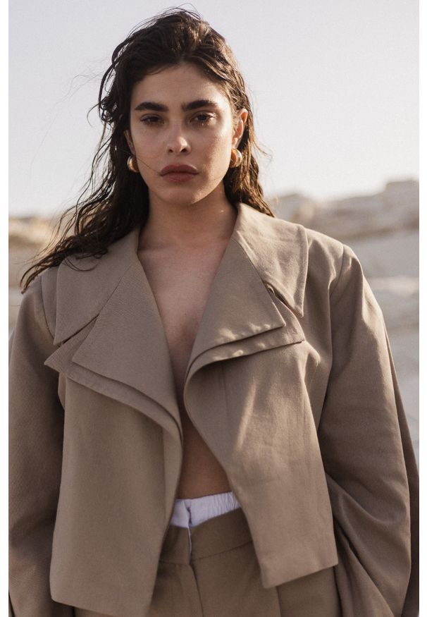 Marsala - Krótka marynarka z lnem w kolorze TAUPE - LUKSOR. Materiał: len. Długość: krótkie. Wzór: gładki. Styl: klasyczny, elegancki