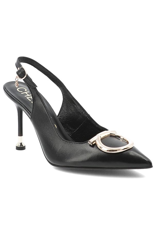 CheBello - Czółenka damskie Chebello, cholewka ze skóry naturalnej z odkrytą piętą i smukłym noskiem ozdobione metaliczną klamrą osadzone na cienkim obcasie pod. Zapięcie: klamry. Kolor: czarny. Materiał: skóra. Szerokość cholewki: normalna. Wzór: aplikacja. Obcas: na obcasie. Styl: elegancki, klasyczny. Wysokość obcasa: średni