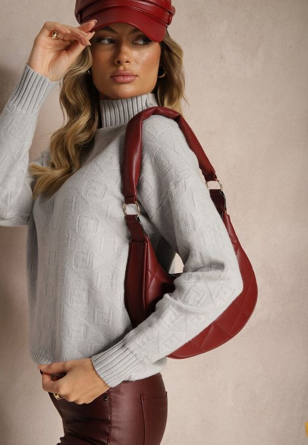 Renee - Jasnoszary Golf Sweter z Tłoczeniem i Ściągaczami Melovira. Typ kołnierza: golf. Kolor: szary. Sezon: zima