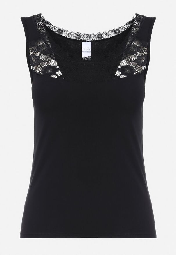 Born2be - Czarny Top Bawełniany Fyreth. Okazja: na co dzień. Kolor: czarny. Materiał: bawełna. Długość rękawa: na ramiączkach. Wzór: ażurowy, aplikacja, koronka. Styl: casual