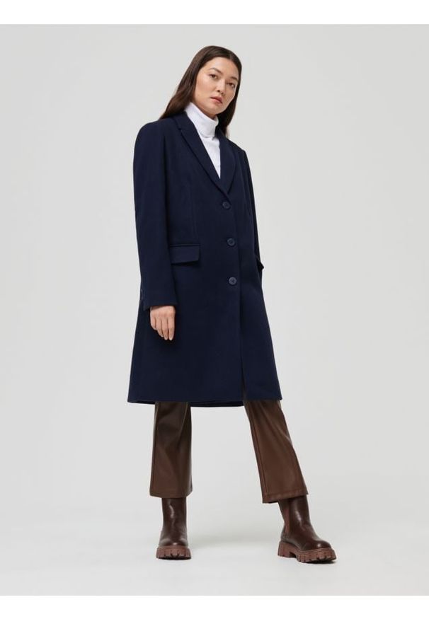 Sinsay - Płaszcz z wełną - granatowy. Kolor: niebieski. Materiał: wełna. Styl: elegancki