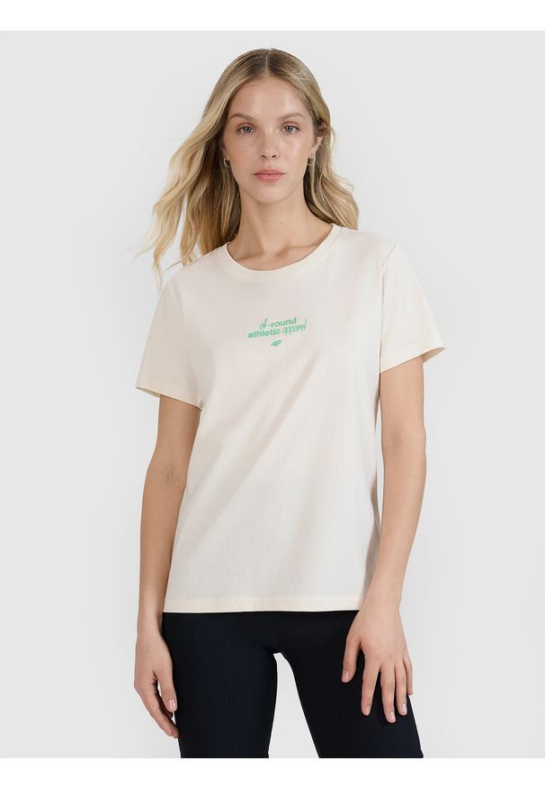 4f - 4F T-shirt regular z nadrukiem damski - biały S. Okazja: na co dzień. Kolor: biały. Materiał: bawełna, jersey, dzianina, materiał. Długość rękawa: krótki rękaw. Długość: krótkie. Wzór: nadruk. Styl: sportowy, casual, klasyczny