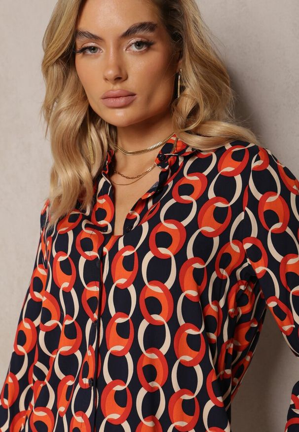 Renee - Pomarańczowo-Czarna Koszula z Wiskozy i Bawełny z Łańcuszkowym Wzorem Natheia. Kolor: pomarańczowy. Materiał: bawełna, wiskoza. Wzór: aplikacja
