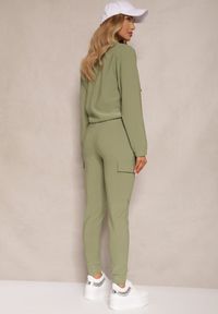 Renee - Zielony Komplet Dresowy Bluza z Suwakiem i Kołnierzem i Spodnie z Kieszeniami Cargo Taigena. Kolor: zielony. Materiał: dresówka #4