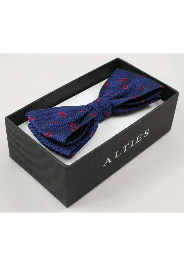 Elegancka Mucha Męska - Alties - Granat w Czerwony Wzór. Kolor: niebieski. Wzór: paisley. Styl: elegancki