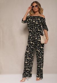 Renee - Czarne Spodnie High Waist w Kwiatowy Wzór Zolsedi. Okazja: na co dzień, na spacer. Stan: podwyższony. Kolor: czarny. Wzór: kwiaty. Styl: casual, elegancki