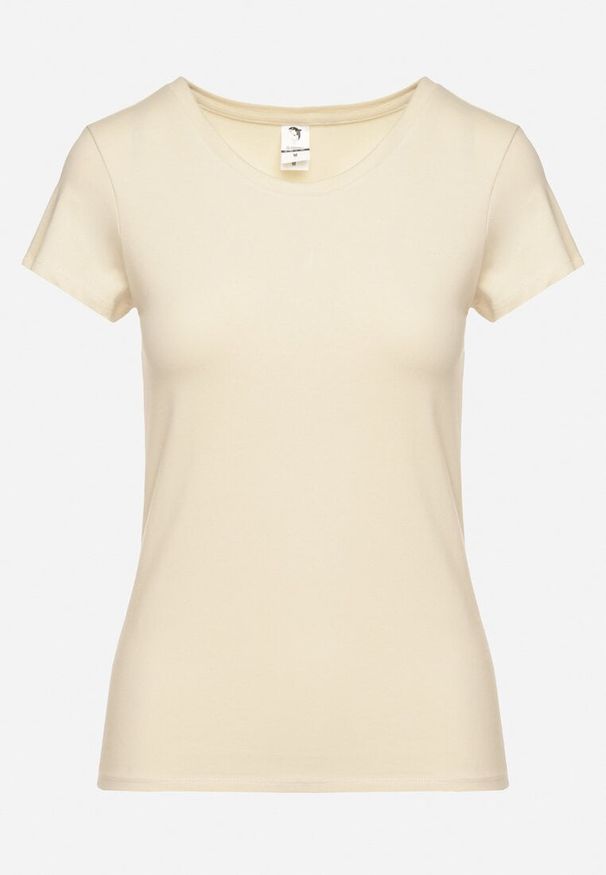 Born2be - Beżowy Bawełniany T-shirt o Klasycznym Fasonie Lialova. Okazja: na co dzień. Typ kołnierza: dekolt w serek. Kolor: beżowy. Materiał: bawełna. Styl: klasyczny