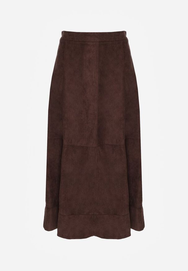 Renee - Brązowa Gładka Spódnica z Imitacji Zamszu o Rozkloszowanym Kroju Nettia. Kolor: brązowy. Materiał: zamsz. Wzór: gładki