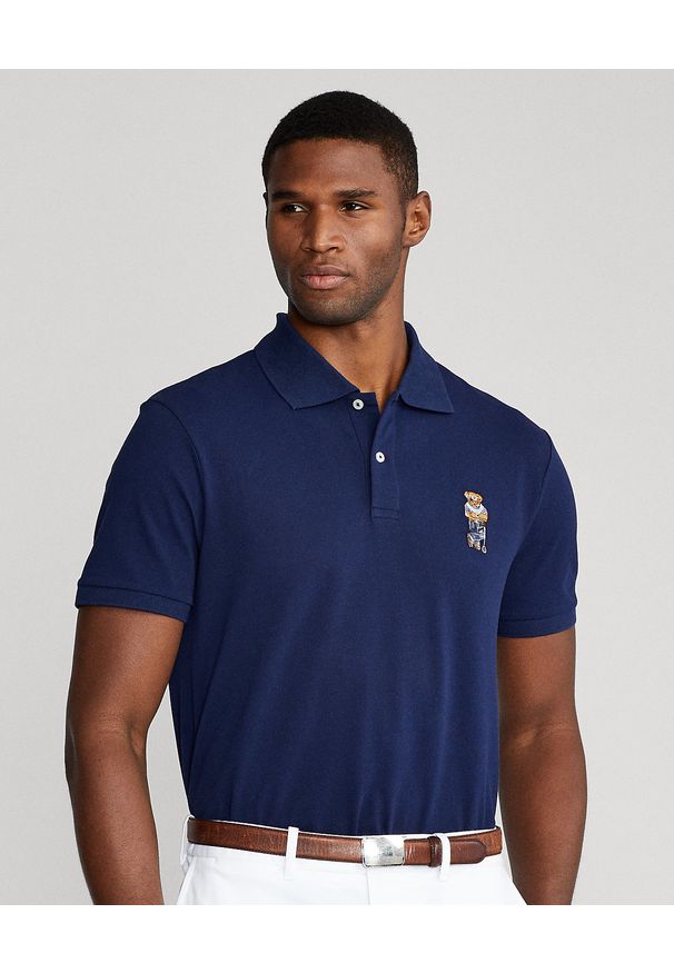 Ralph Lauren - RALPH LAUREN - Granatowa koszulka polo Custom Slim Fit. Typ kołnierza: polo. Kolor: niebieski. Materiał: bawełna, elastan, tkanina. Wzór: haft, prążki