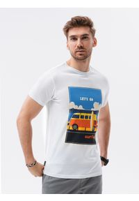 Ombre Clothing - T-shirt męski z nadrukiem S1434 V-8A - biały - XXL. Kolor: biały. Materiał: bawełna. Wzór: nadruk. Styl: klasyczny