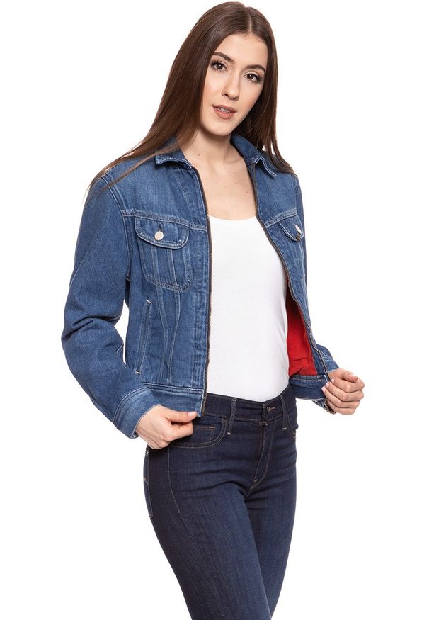 Lee - DAMSKA KURTKA JEANSOWA LEE ZIP CROPPED RIDER BELLEVILLE L54DGGMI 112112767. Materiał: jeans