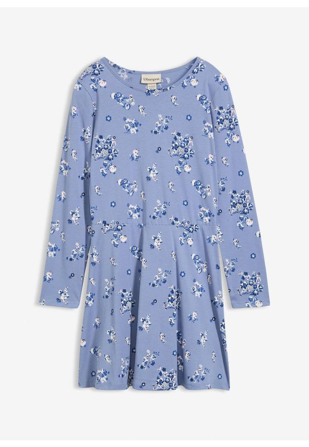 bonprix - Sukienka dziewczęca z dżerseju z czystej bawełny. Kolor: niebieski. Materiał: jersey, bawełna. Długość rękawa: długi rękaw. Wzór: aplikacja, kwiaty