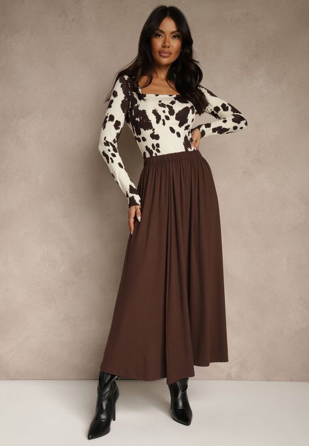 Renee - Brązowa Rozkloszowana Spódnica z Bawełny Tussala. Kolor: brązowy. Materiał: bawełna. Styl: elegancki