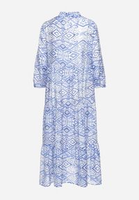 Born2be - Niebieska Rozkloszowana Sukienka w Stylu Boho Wiązana przy Dekolcie z Falbankami Dimasia. Okazja: na spacer. Typ kołnierza: kołnierz z falbankami. Kolor: niebieski. Materiał: materiał. Styl: boho #5