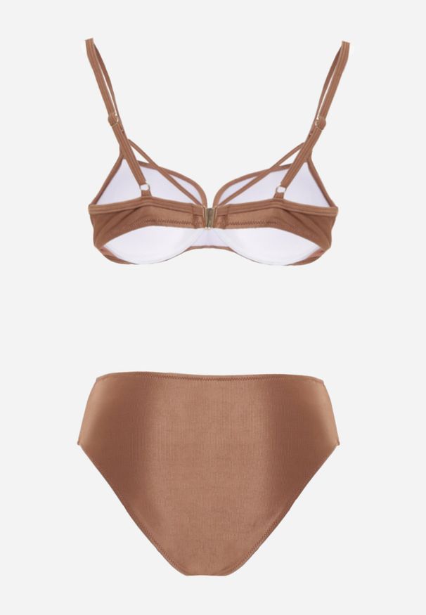 Born2be - Brązowe Bikini Majtki Figi i Biustonosz z Paskami i Perłową Aplikacją Cahresha. Kolor: brązowy. Wzór: aplikacja