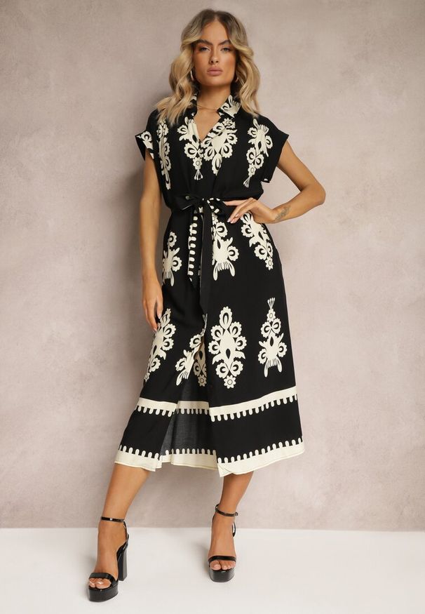 Renee - Czarno-Beżowa Boho Sukienka w Rozkloszowanym Stylu z Materiałowym Paskiem i Guzikami Jori. Okazja: na co dzień, na imprezę. Typ kołnierza: dekolt w kształcie V. Kolor: czarny. Materiał: materiał. Długość rękawa: krótki rękaw. Typ sukienki: proste, rozkloszowane. Styl: boho