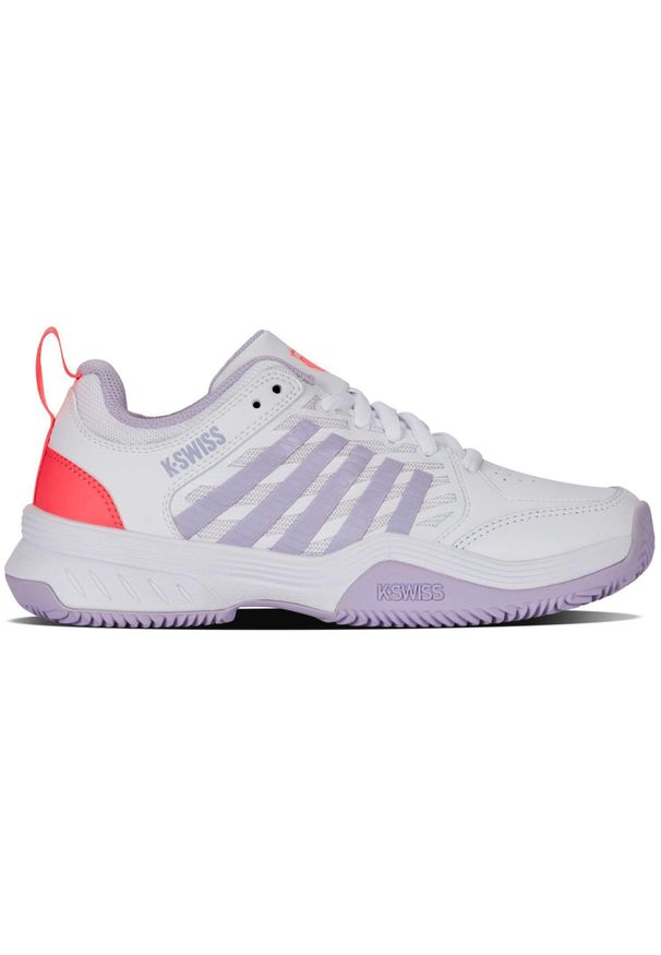 Buty do tenisa damskie K-Swiss Court Express 2. Kolor: czerwony, biały, wielokolorowy, fioletowy. Materiał: syntetyk, materiał. Szerokość cholewki: normalna. Sport: tenis