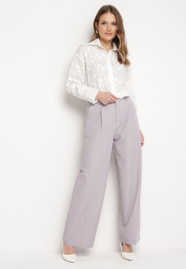 Born2be - Jasnoszare Szerokie Spodnie z Przeszyciami Elyssia. Stan: podwyższony. Kolor: szary