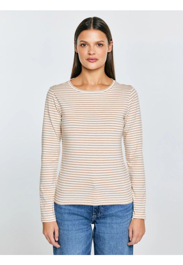 Big-Star - Bluzka damska w paski kremowa Vensa 103. Okazja: na co dzień. Kolor: kremowy. Materiał: materiał, dzianina, jeans. Długość rękawa: długi rękaw. Długość: długie. Wzór: paski. Styl: casual, elegancki