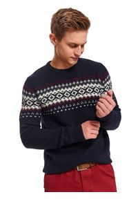 TOP SECRET - Sweter z norweskim wzorem. Kolor: niebieski. Materiał: wełna. Wzór: kolorowy. Sezon: zima, jesień. Styl: klasyczny #1