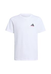 Adidas - Koszulka dla dzieci z grafiką kultowego Messiego. Kolor: biały. Materiał: bawełna. Wzór: kolorowy