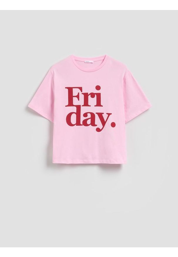 Reserved - Bawełniany t-shirt z nadrukiem - pastelowy róż. Kolor: różowy. Materiał: bawełna. Wzór: nadruk