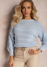 Renee - Niebieski Sweter o Krótszym Luźnym Fasonie Olimppia. Kolor: niebieski. Długość: krótkie. Wzór: jednolity. Sezon: jesień, zima #5