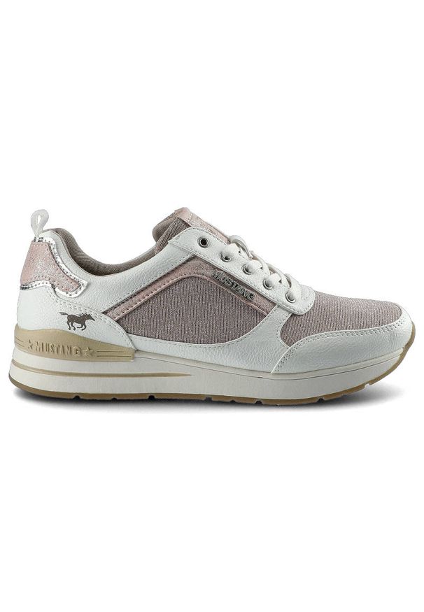 Sneakersy damskie Mustang, wykonane z połączenia materiału tekstylnego i syntetycznego z klasycznym sznurowaniem wzmocnioną strefą pięty, biało-różow. Okazja: na co dzień. Kolor: biały. Materiał: materiał, syntetyk, skóra ekologiczna, guma. Szerokość cholewki: normalna. Sezon: lato, wiosna. Styl: casual, klasyczny
