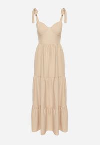 Born2be - Beżowa Rozkloszowana Sukienka z Wiskozą Ozdobiona Wiązaniem na Ramiączkach Meravessa. Okazja: na spacer. Kolor: beżowy. Materiał: wiskoza. Długość rękawa: na ramiączkach. Wzór: aplikacja #6