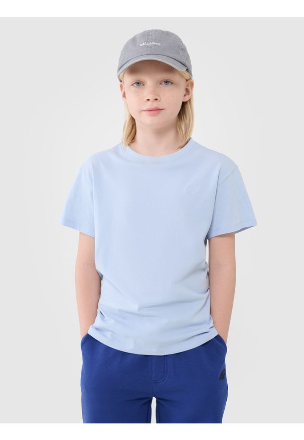 4f - 4F T-shirt oversize gładki chłopięcy - niebieski 146 (10-11 lat). Okazja: na co dzień. Kolor: niebieski. Materiał: dzianina, bawełna, jersey. Długość rękawa: krótki rękaw. Długość: krótkie. Wzór: gładki. Sezon: lato. Styl: klasyczny, sportowy, casual