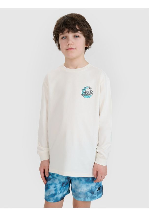 4f - 4F Longsleeve oversize z nadrukiem chłopięcy - biały 140 (9-10 lat). Okazja: na co dzień. Kolor: biały. Materiał: jersey, bawełna, dzianina. Długość rękawa: długi rękaw. Długość: długie. Wzór: nadruk. Sezon: lato. Styl: casual, klasyczny, sportowy