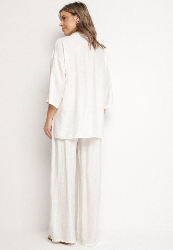 Born2be - Biały Komplet z Wiskozy Koszula z Podpinanymi Rękawami i Szerokie Spodnie Dormoi. Kolor: biały. Materiał: wiskoza