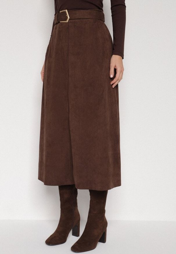 Born2be - Brązowa Rozkloszowana Wiskozowa Spódnica z Bawełną Ozdobiona Paskiem Nawedea. Okazja: na co dzień. Kolor: brązowy. Materiał: bawełna, wiskoza. Wzór: aplikacja. Styl: klasyczny, casual, elegancki