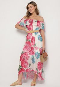 Born2be - Fuksjowa Sukienka Typu Hiszpanka w Kwiaty z Paskiem Sademire. Okazja: na co dzień. Typ kołnierza: dekolt hiszpanka. Kolor: różowy. Wzór: kwiaty. Styl: casual #7