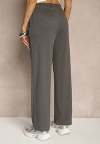 Renee - Ciemnoszare Spodnie High Waist o Fasonie Paper Bag z Gumką w Talii Lunalitia. Okazja: na co dzień. Stan: podwyższony. Kolor: szary. Wzór: aplikacja. Styl: casual, elegancki