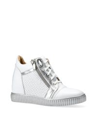 Arturo Vicci - Sneakersy biało srebrne na koturnie. Zapięcie: sznurówki. Kolor: biały. Materiał: skóra. Obcas: na koturnie #5