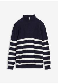 bonprix - Sweter ze stójką z czystej bawełny. Typ kołnierza: kołnierzyk stójkowy. Kolor: niebieski. Materiał: bawełna. Wzór: paski #1