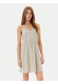 Vero Moda Sukienka letnia Mymilo 10303689 Beżowy Regular Fit. Kolor: beżowy. Materiał: len, wiskoza. Sezon: lato #1
