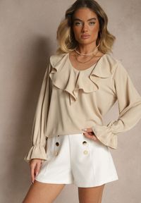 Renee - Beżowa Bluzka Ozdobiona Falbanką Tananissa. Kolor: beżowy. Wzór: aplikacja. Styl: klasyczny, elegancki