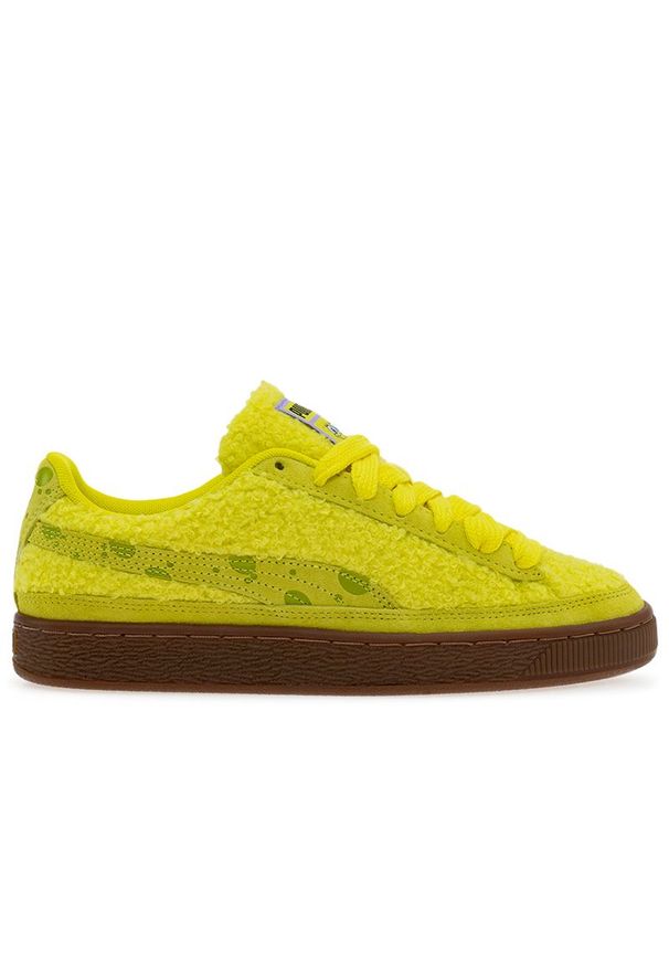 Buty Puma x SpongeBob Suede 39100801 - żółte. Zapięcie: sznurówki. Kolor: żółty. Materiał: guma, materiał. Szerokość cholewki: normalna. Wzór: aplikacja, motyw z bajki. Model: Puma Suede