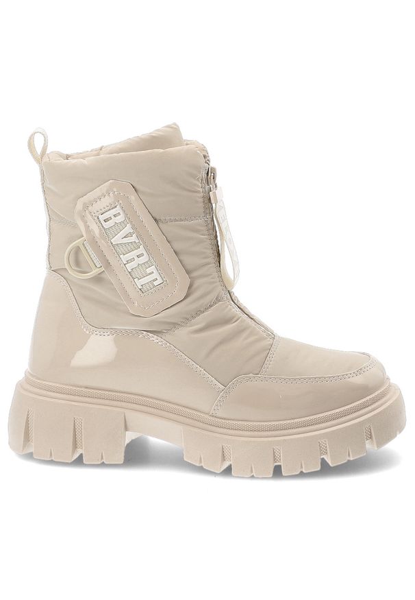 Beżowe Śniegowce Filippo Ocieplane Buty Damskie. Okazja: na spacer. Zapięcie: zamek. Kolor: beżowy. Materiał: materiał. Wzór: napisy. Sezon: zima