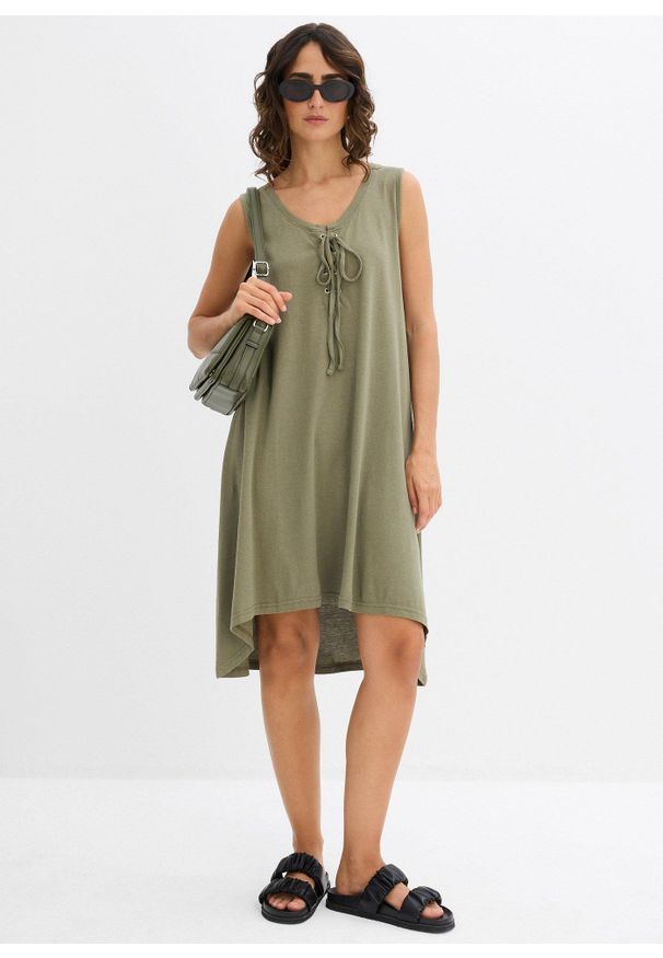 bonprix - Sukienka z dżerseju ze sznurowaniem. Typ kołnierza: dekolt w serek. Kolor: zielony. Materiał: jersey. Styl: elegancki